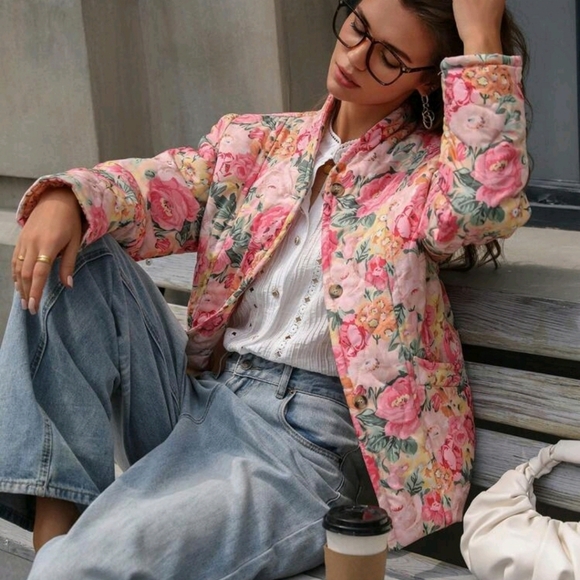 Jackets & Blazers - Rosie Fashionable Casual Floral Printed Button-Up Long Sleeve Padded Padded Coat